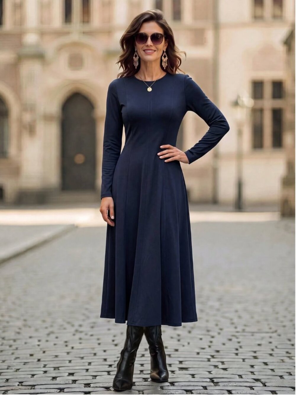 Navy A-Line Fit & Flare Knit Paneled Dress